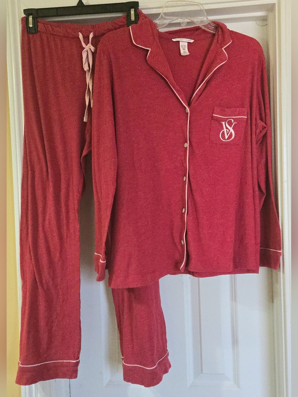Victoria's Secret Women's Red Pajama Set with White Piping Long Sleeve And Pants